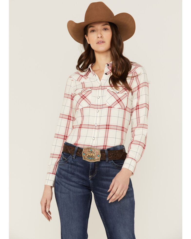 Rank 45 Women's Yarn Died Plaid Shirt, White, hi-res