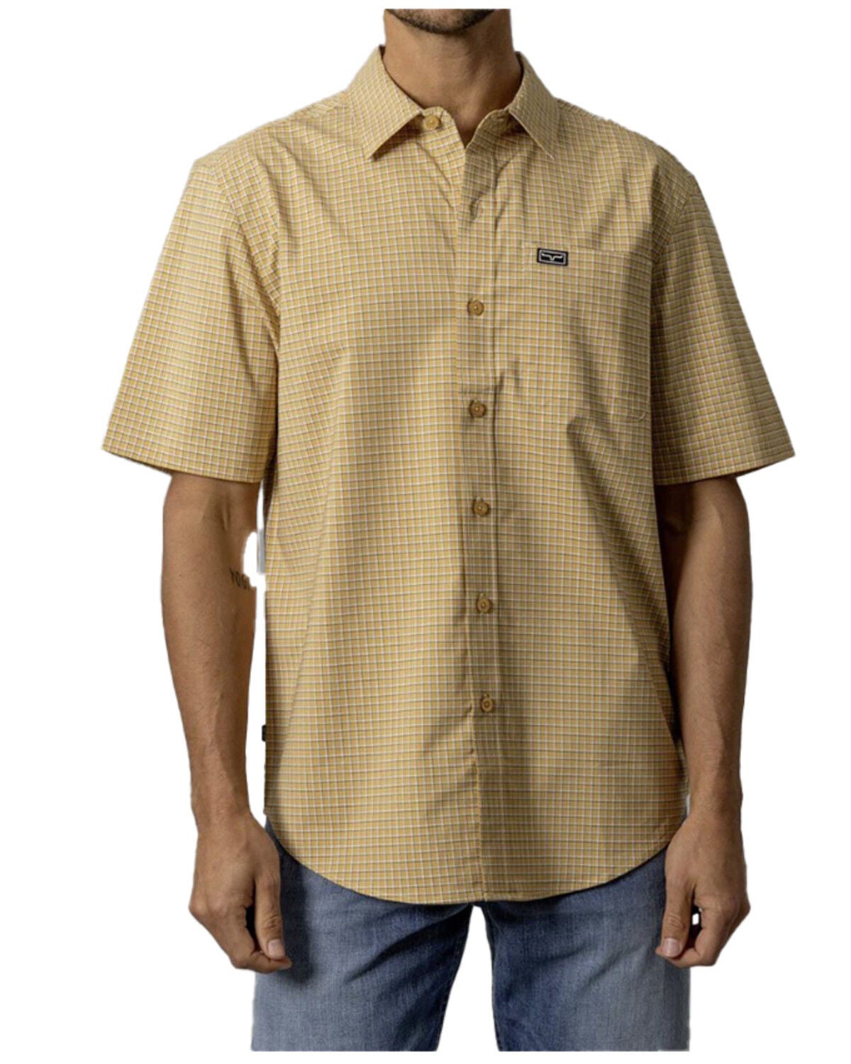 Kimes Ranch Men's MC Cooper Plaid Print Short Sleeve Button-Down Stretch Performance Shirt, Gold, hi-res