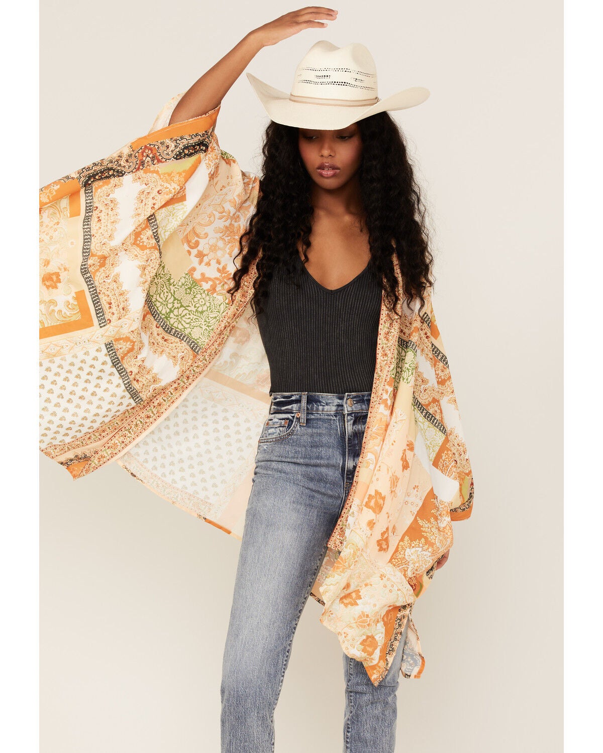 Flying Tomato Women's Patchwork Flowy Kimono, Orange, hi-res