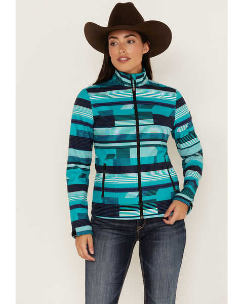 Image #1 - RANK 45® Women's Abstract Striped Softshell Jacket, Turquoise, hi-res