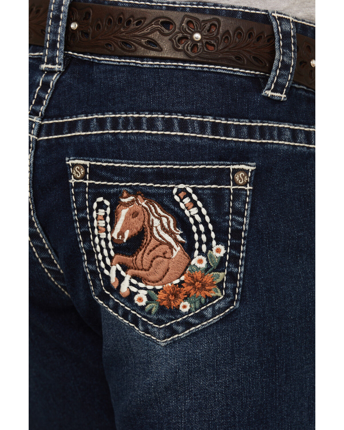 Image #2 - Shyanne Girls' Dark Wash Horseshoe Pocket Bootcut Stretch Denim Jeans, Medium Wash, hi-res