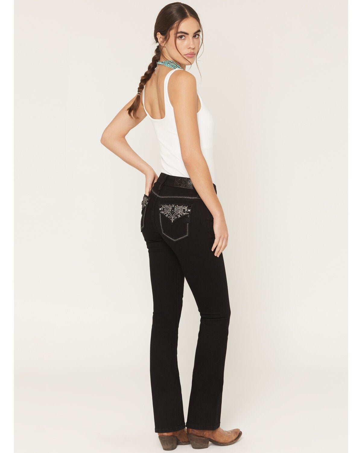 Miss Me Women's Mid Rise Embroidered Pocket 32" Bootcut Stretch Denim Jeans, Black, hi-res