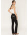 Image #1 - Miss Me Women's Mid Rise Embroidered Pocket 32" Bootcut Stretch Denim Jeans, Black, hi-res