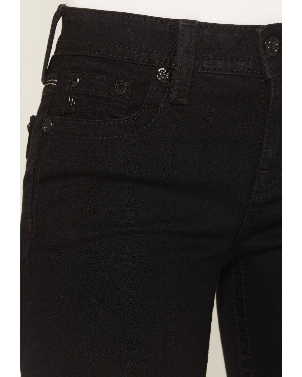 Image #2 - Miss Me Women's Mid Rise Embroidered Pocket 32" Bootcut Stretch Denim Jeans, Black, hi-res