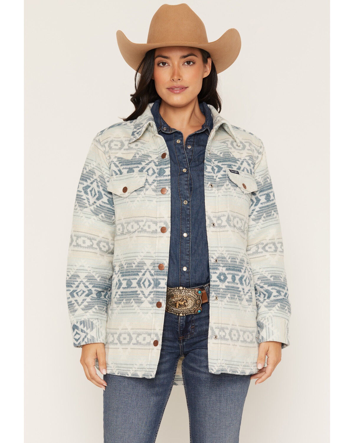 Wrangler Women's Southwestern Striped Lined Jacquard Shacket, Blue, hi-res