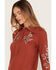 Image #2 - Shyanne Women's Linden Floral Embroidered Long Sleeve Pearl Snap Western Shirt, Brick Red, hi-res