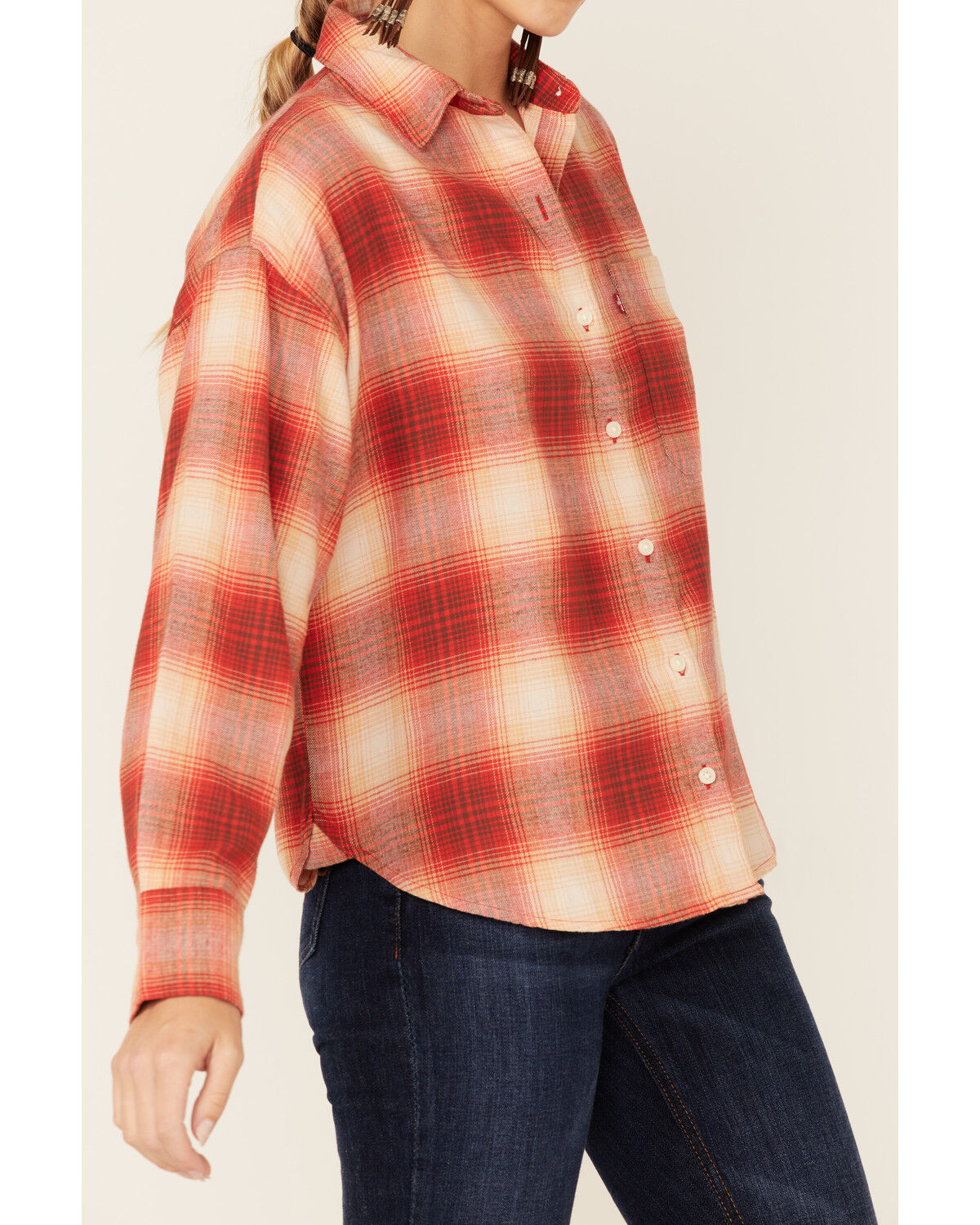 Image #2 - Levi's Women's Scarlet Flame Plaid Print Long Sleeve Button Down Western Flannel Shirt, Red, hi-res