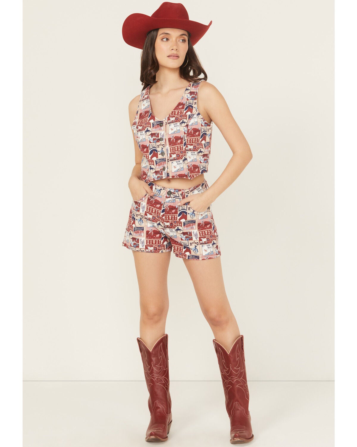 Rock & Roll Denim Women's High Rise Americana Print Stretch Denim Shorts, Red, hi-res