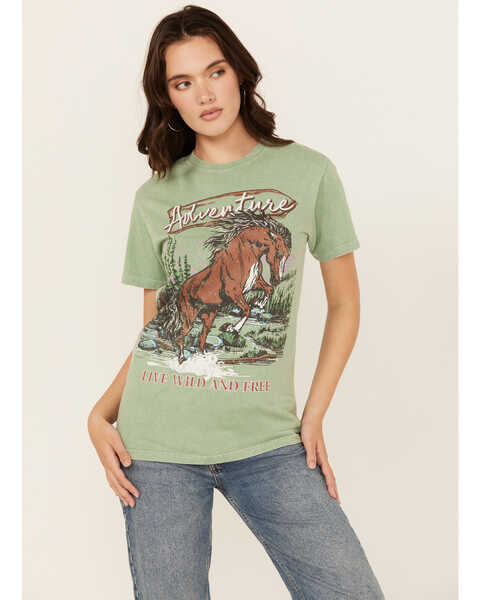 Image #1 - Youth In Revolt Women's Adventure Horse Short Sleeve Graphic Tee , Sage, hi-res