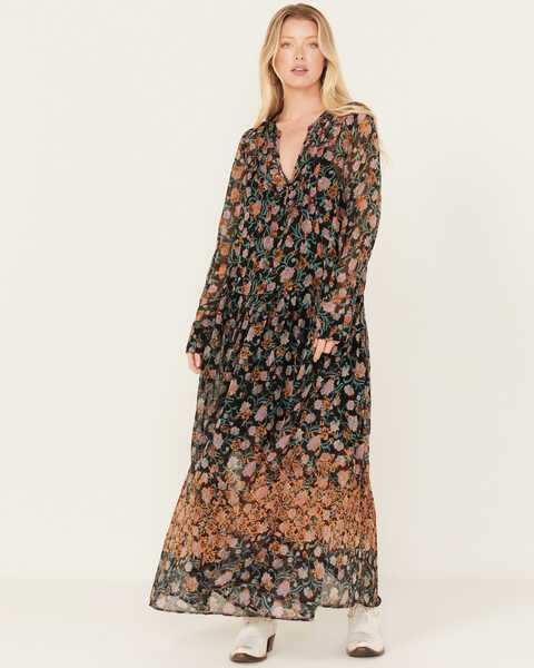 Image #1 - Free People Women's See It Through Floral Long Sleeve Maxi Dress, Black, hi-res