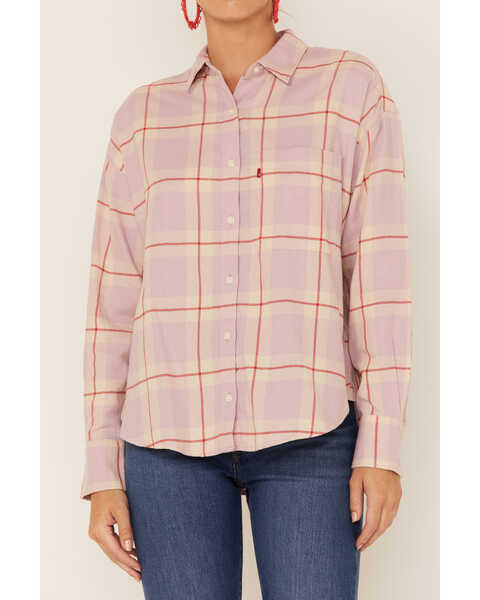 Levi's Women's Plaid Print Long Sleeve Button Down Western Flannel Shirt , Light Purple, hi-res
