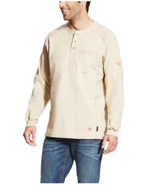  Ariat Men's FR Air Long Sleeve Work Long Sleeve Henley Shirt - Tall , Sand, hi-res