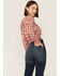 Beyond The Radar Women's Gingham Tie Back Smocked Blouse, Red, hi-res