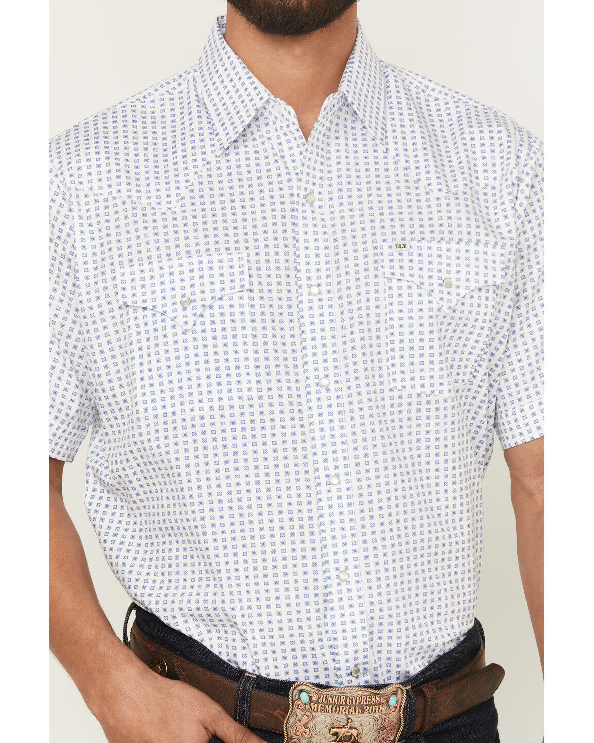 Image #3 - Ely Walker Men's Geo Print Short Sleeve Snap Western Shirt, White, hi-res