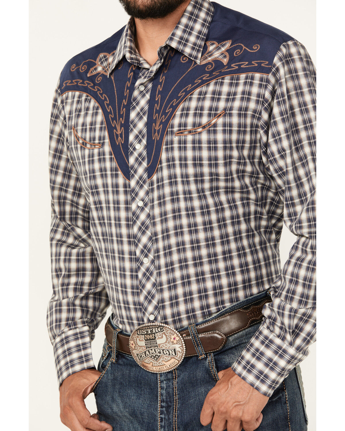 Image #3 - Roper Men's Plaid Print Embroidered Long Sleeve Pearl Snap Western Shirt, Blue, hi-res