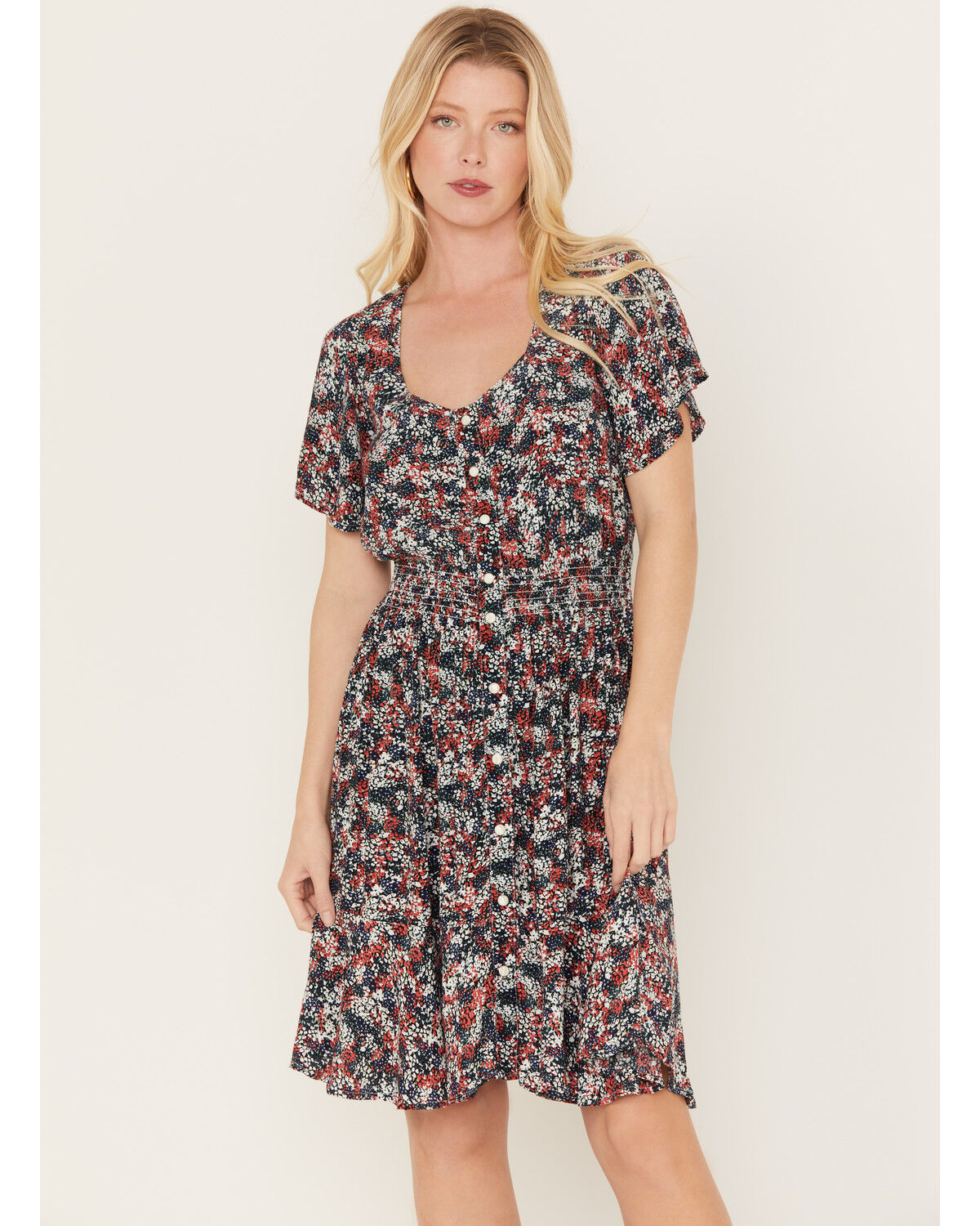 Image #1 - Wrangler Women's Ditsy Snap Front Mini Dress, Red/white/blue, hi-res