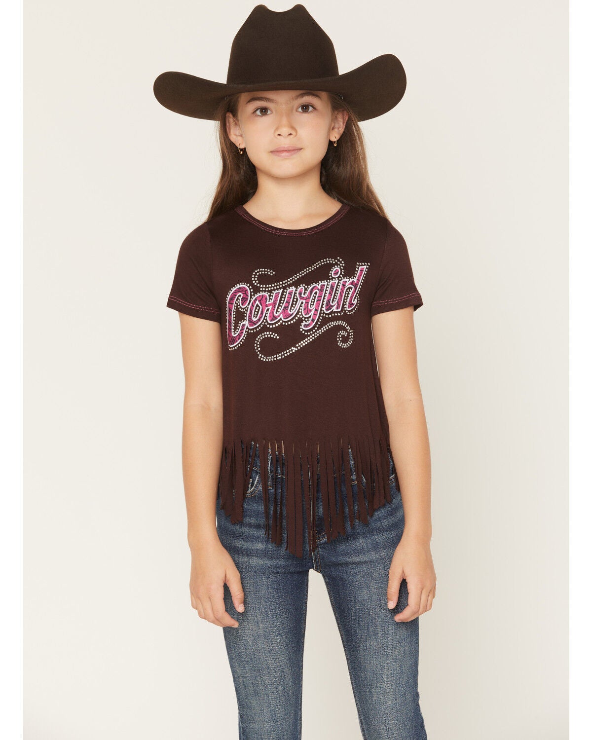 Image #1 - Cowgirl Hardware Girls' Cowgirl Fringe Short Sleeve Tee, Brown, hi-res