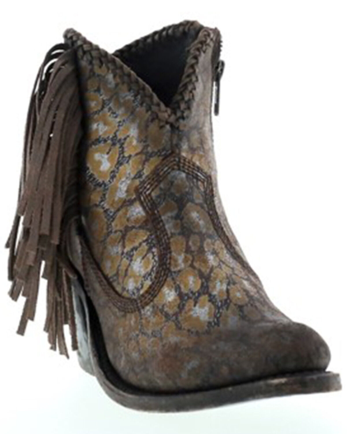Image #1 - Liberty Black Women's Chloe Leopard Print Braided Fringe Western Booties - Snip Toe, Tan, hi-res