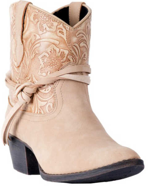 Image #1 - Dingo Women's Floral Tooled Knotted Strap Booties - Medium Toe, Tan, hi-res
