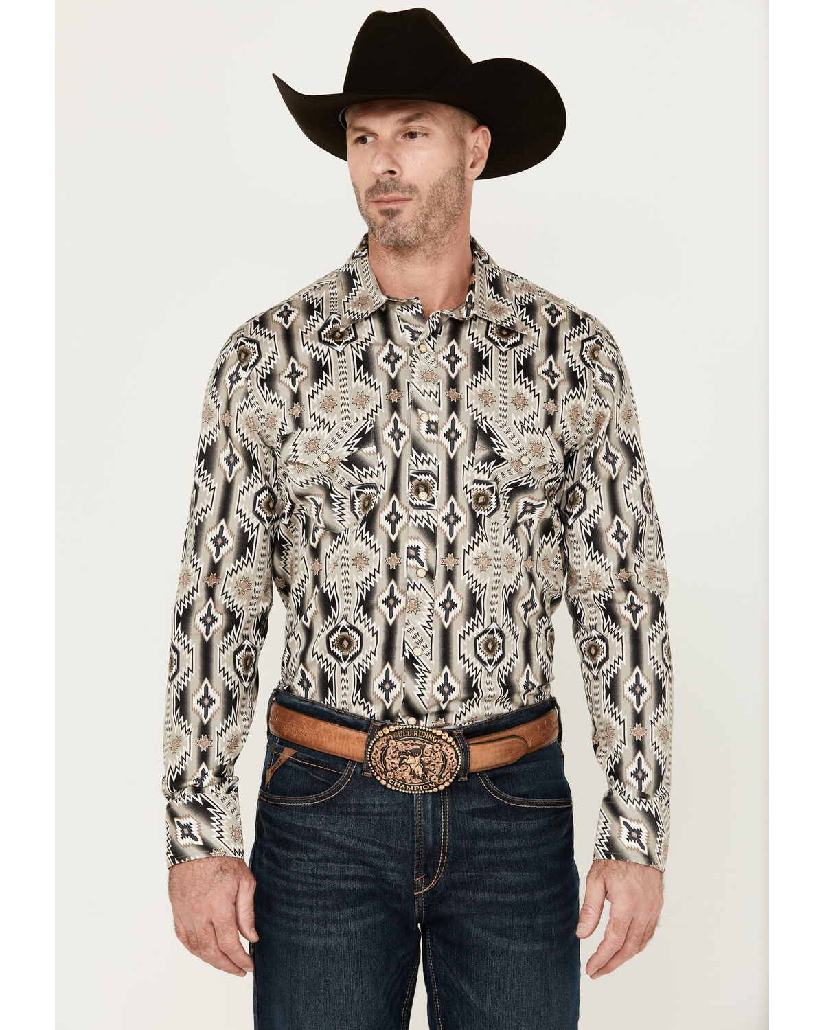 Image #1 - Rock & Roll Denim Men's Southwestern Long Sleeve Pearl Snap Stretch Western Shirt, Sand, hi-res