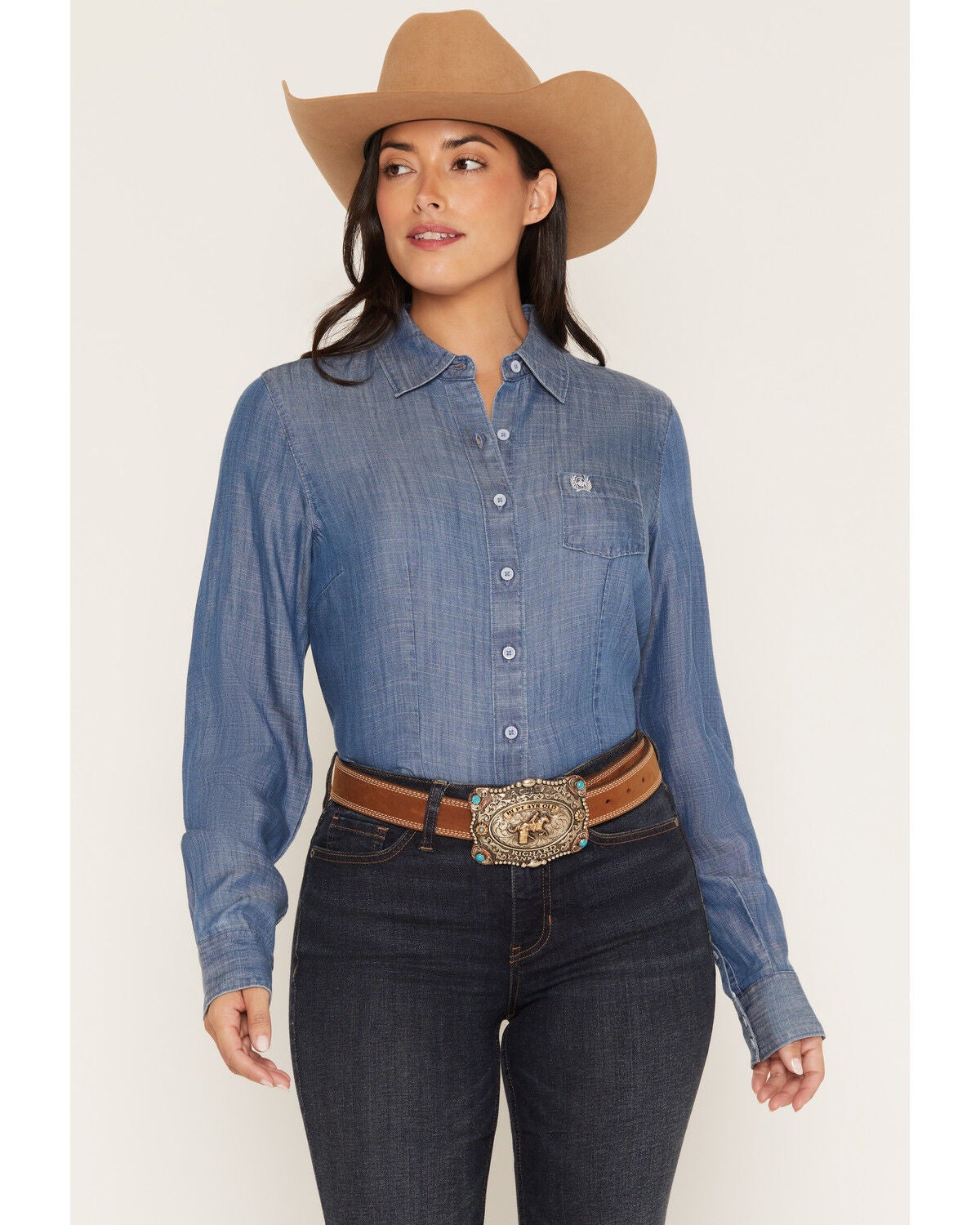 Image #1 - Cinch Women's Chambray Long Sleeve Button-Down Western Shirt, Indigo, hi-res