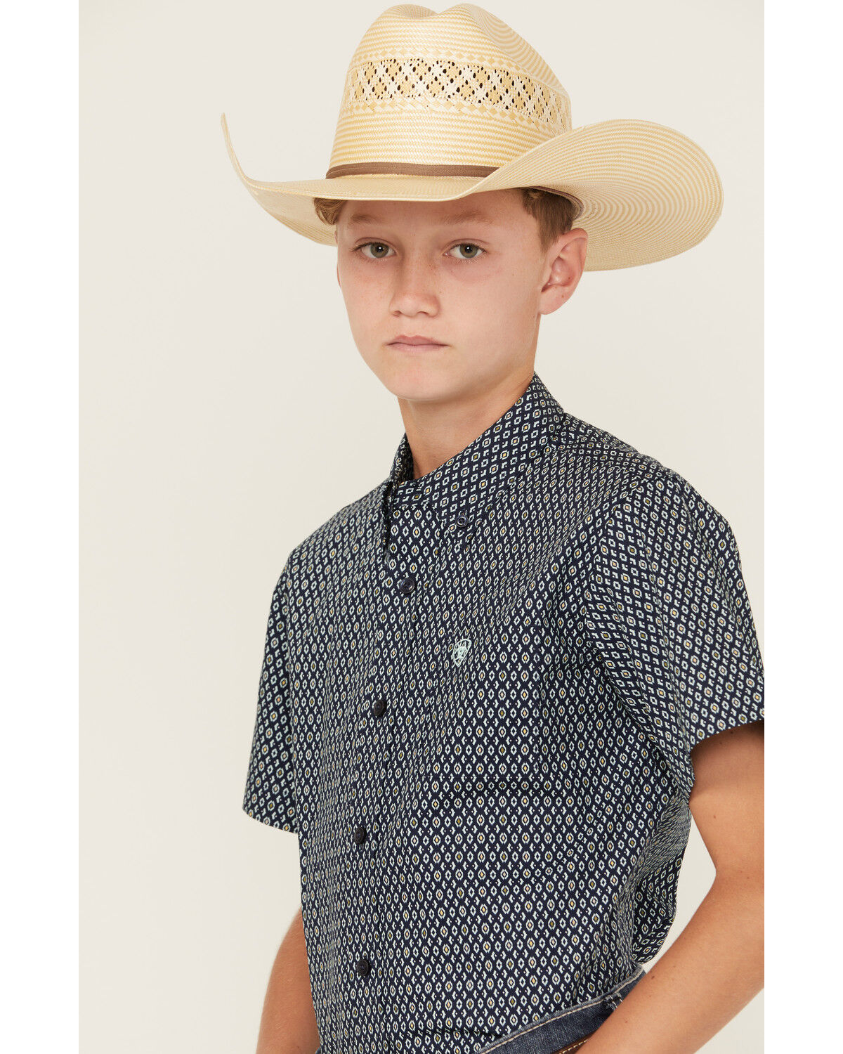 Image #2 - Ariat Boys' Geo Print Short Sleeve Button-Down Western Shirt, Navy, hi-res