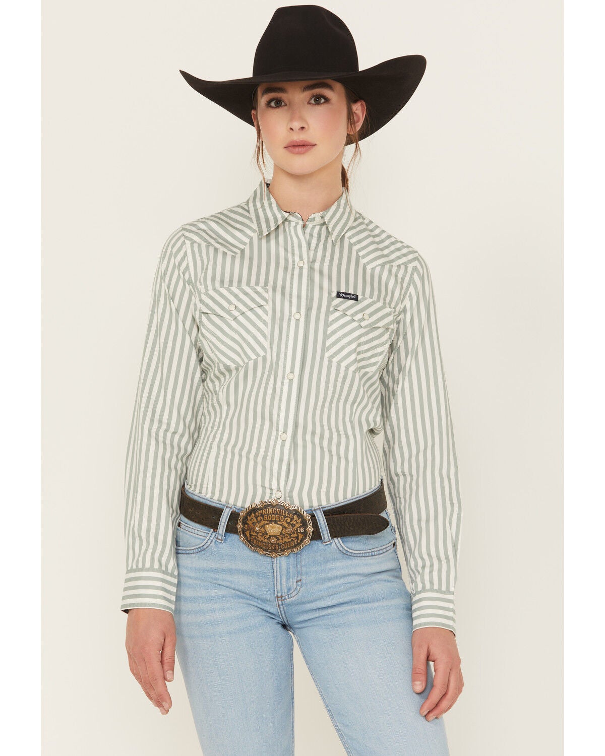 Wrangler Retro Women's Striped Long Sleeve Snap Western Shirt, Green, hi-res