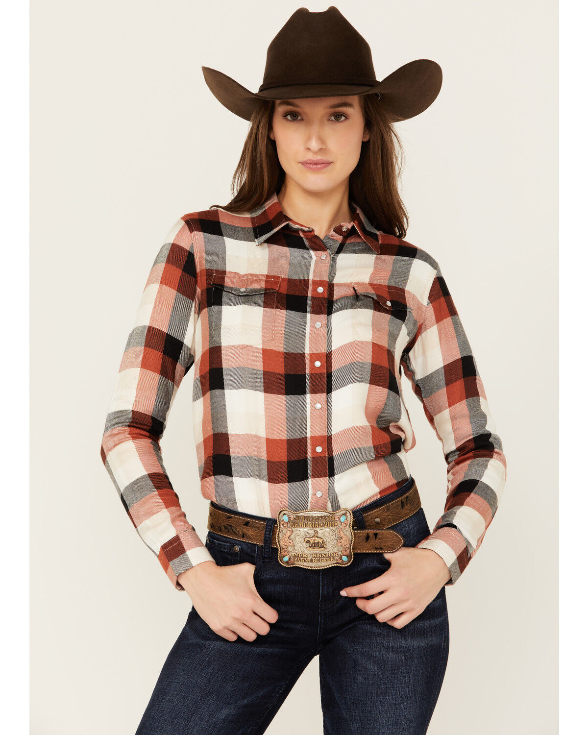 Image #1 - Hooey Women's Plaid Print Long Sleeve Pearl Snap Flannel Shirt, Orange, hi-res