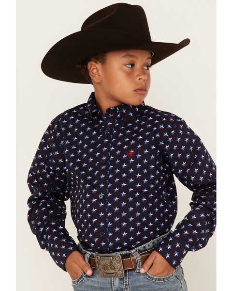 Ariat Boys' Texas Star Flag Print Nosson Classic Long Sleeve Button Down Shirt, Navy, hi-res