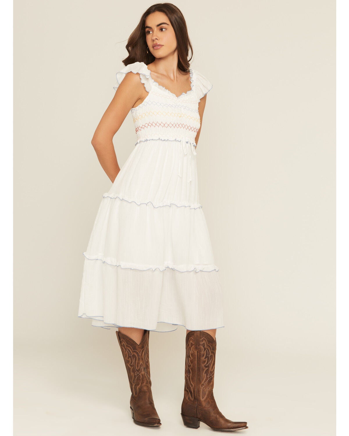 Wild Moss Women's Smocked Ruffle Sleeve Midi Dress, White, hi-res