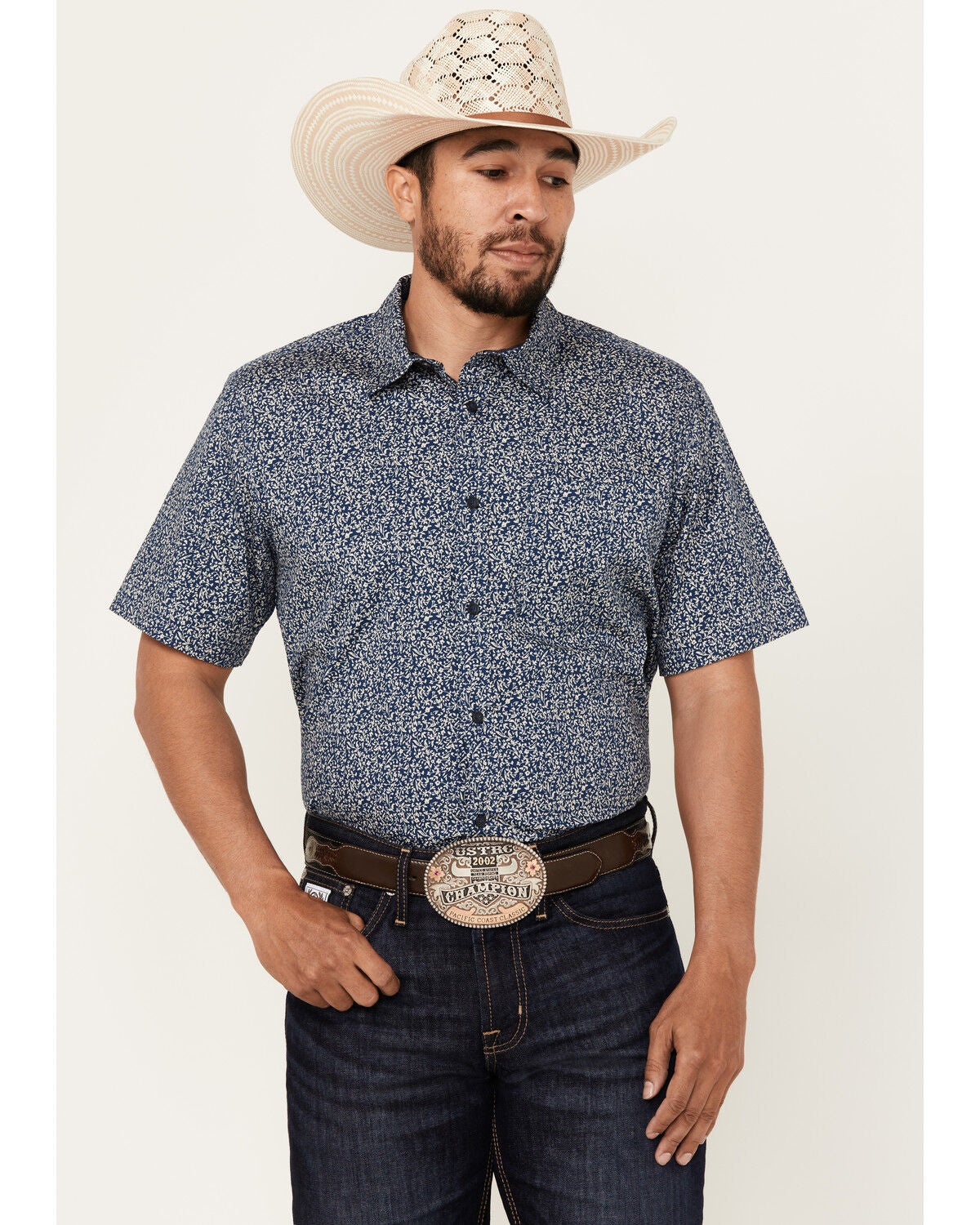 Image #1 - Cody James Men's Open Meadow Floral Print Short Sleeve Button-Down Stretch Western Shirt, Navy, hi-res