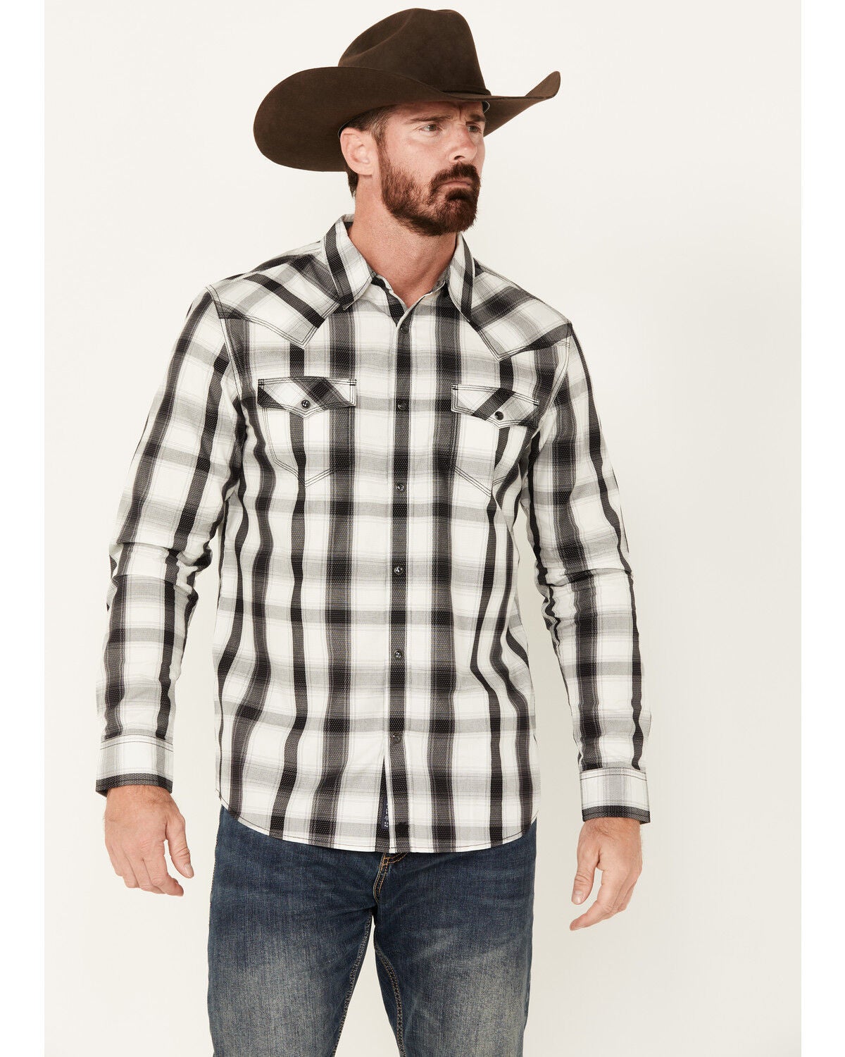 Moonshine Spirit&reg; Men's Skylark Plaid Print Long Sleeve Pearl Snap Western Shirt, White, hi-res