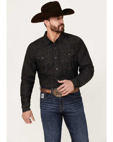 Image #1 - Kimes Ranch Men's Grimes Wash Denim Long Sleeve Pearl Snap Western Shirt , Black, hi-res