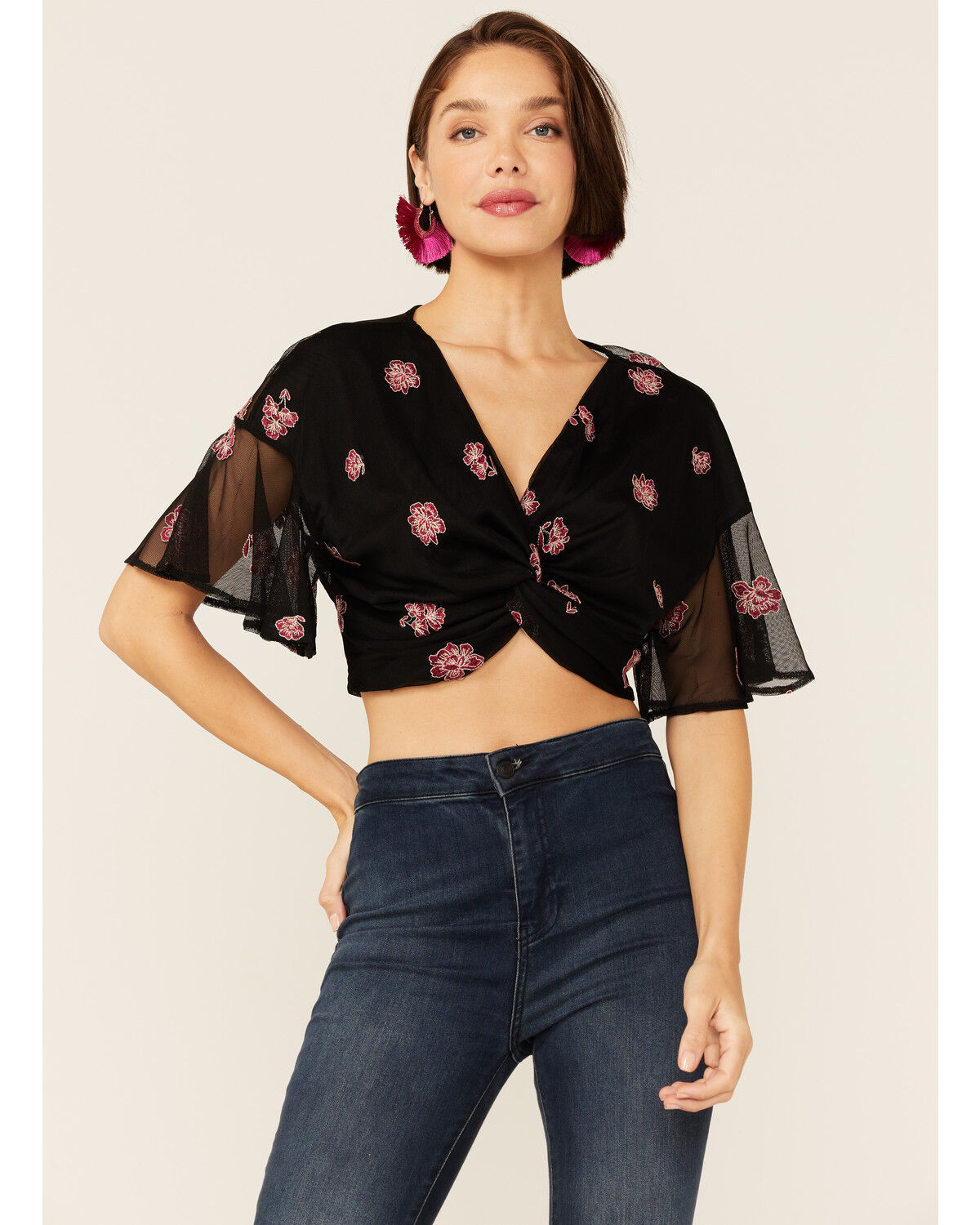 Image #1 - En Creme Women's Black Floral Embroidered Mesh Short Sleeve Crop Top , , hi-res