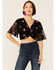 Image #1 - En Creme Women's Black Floral Embroidered Mesh Short Sleeve Crop Top , , hi-res