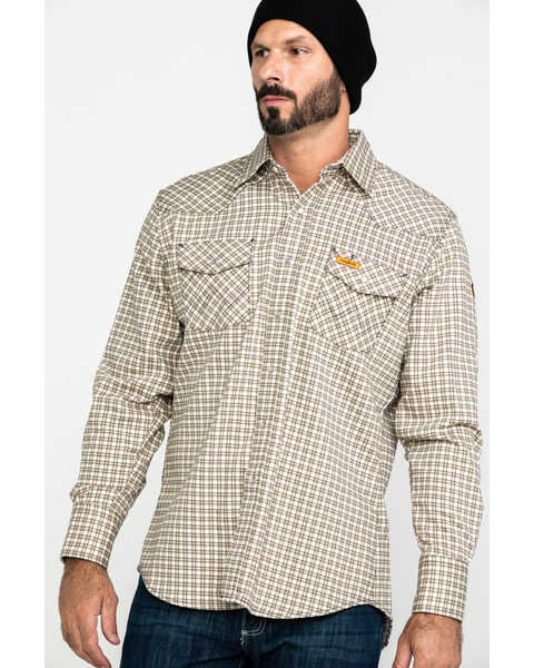 Wrangler Men's Flame Resistant Khaki Plaid Long Work Shirt, Khaki, hi-res