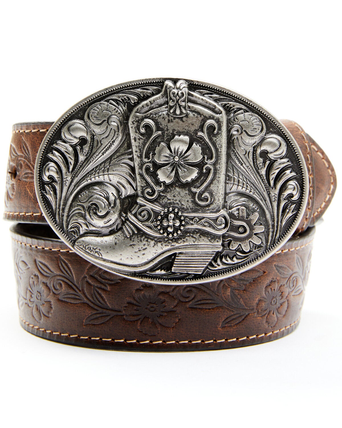 Shyanne Girls' Embossed Floral Boot Belt, Brown, hi-res