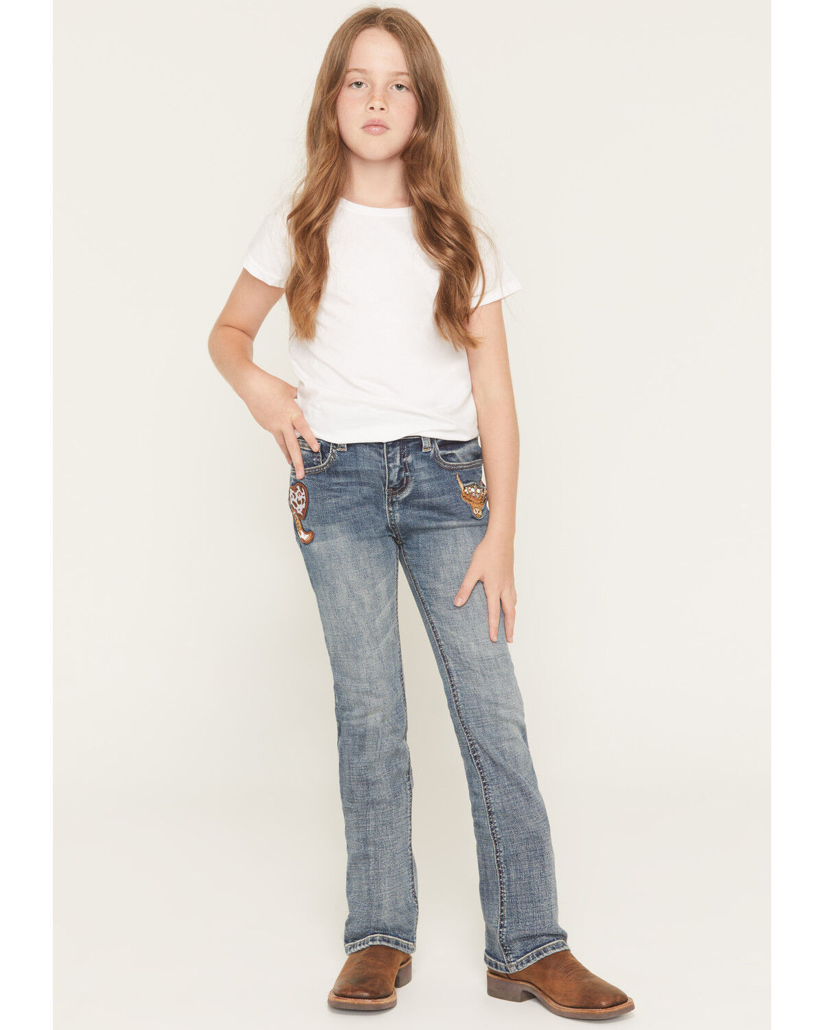 Image #1 - Shyanne Girls' Cass Patchwork Mid Rise Bootcut Stretch Denim Jeans, Medium Wash, hi-res