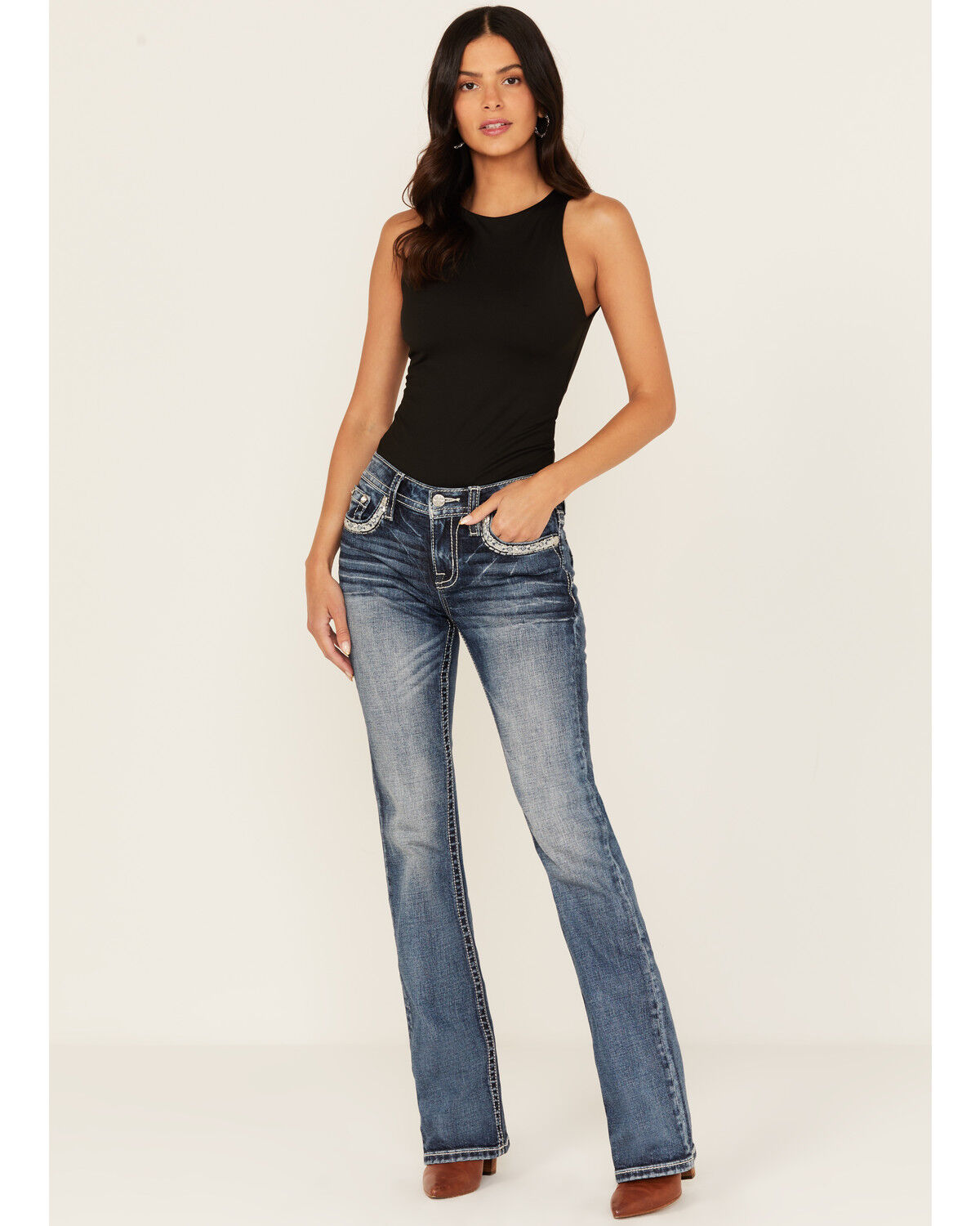 Image #3 - Miss Me Women's Medium Wash Embroidered 32" Bootcut Stretch Denim Jeans, Medium Wash, hi-res