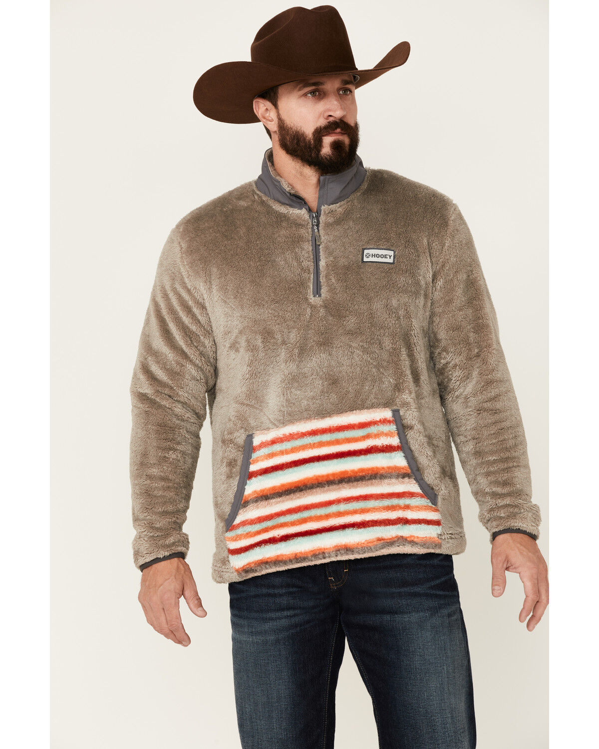 Image #1 - Hooey Men's Stripe Pocket 1/4 Zip Fleece Pullover, Brown, hi-res