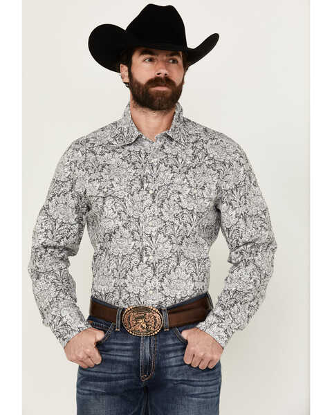 Image #1 - Wrangler Retro Men's Premium Floral Print Long Sleeve Snap Western Shirt - Tall , Black, hi-res