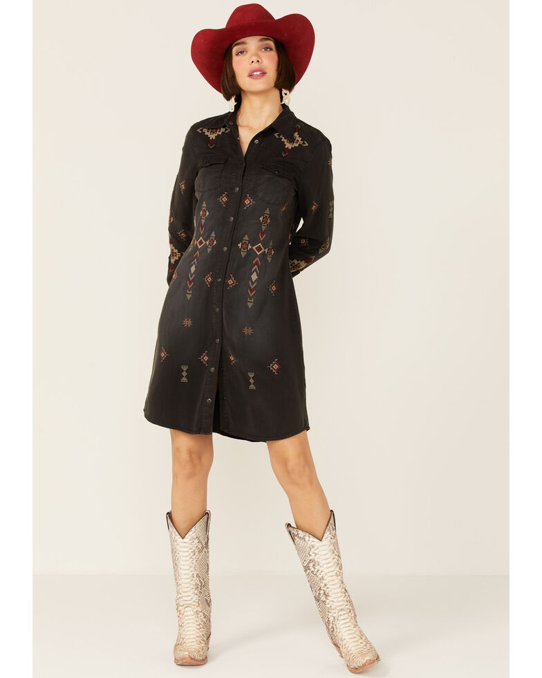 Stetson Women's Grey Charcoal Twill Embroidered Southwestern Dress, Charcoal, hi-res