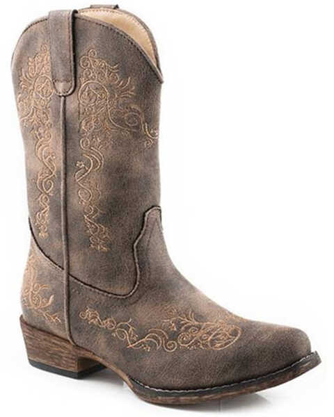 Image #1 - Roper Little Girls' Riley Scroll Western Boots - Snip Toe, Brown, hi-res