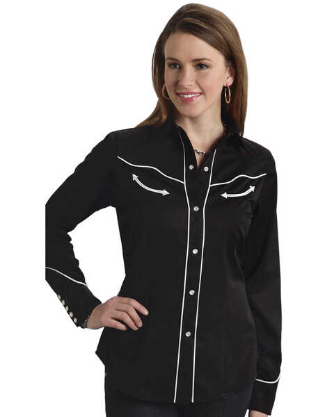 Image #1 - Roper Women's Americana Longhorn Long Sleeve Pearl Snap Western Shirt, Black, hi-res