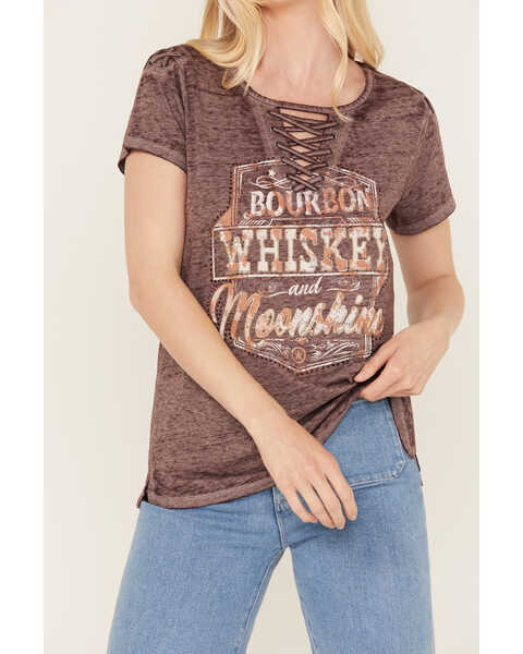 Image #3 - Blended Women's Whiskey Lace-Up Graphic Tee, Burgundy, hi-res