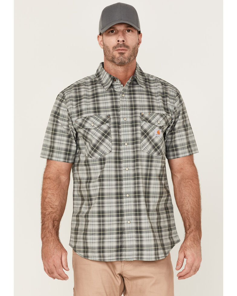 Carhartt Men's Rugged Flex Relaxed Fit Short Sleeve Snap Plaid Shirt, Green, hi-res