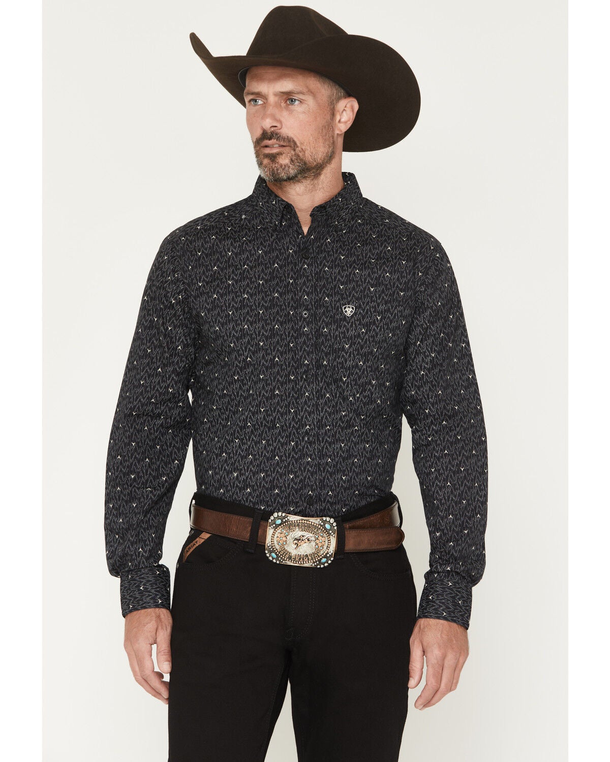 Image #1 - Ariat Men's Wheaton Steer Head Print Fitted Long Sleeve Western Shirt, Black, hi-res