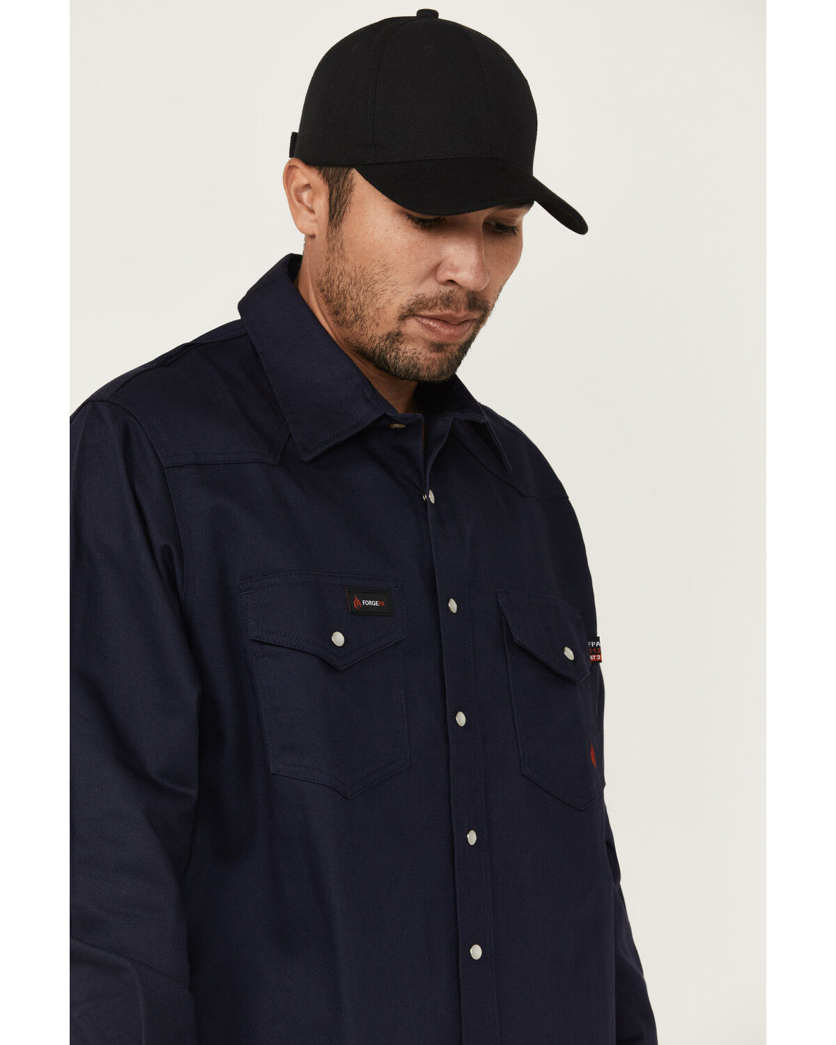 Image #2 - Forge Workwear Men's FR Solid Long Sleeve Snap Work Shirt, Navy, hi-res