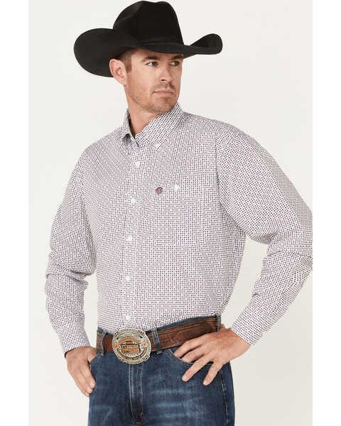 Wrangler Men's Geo Print Long Sleeve Button Down Shirt, Purple, hi-res