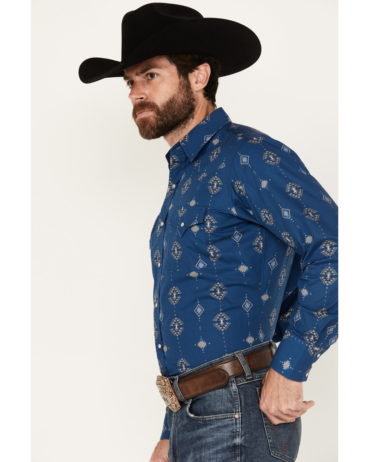 Image #2 - Ely Walker Men's Southwestern Print Long Sleeve Pearl Snap Western Shirt, Navy, hi-res